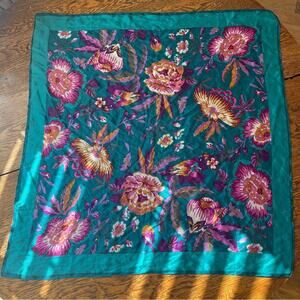 Oscar de la Renta Rich Teal Purple Pink and Gold Floral Silk Scarf